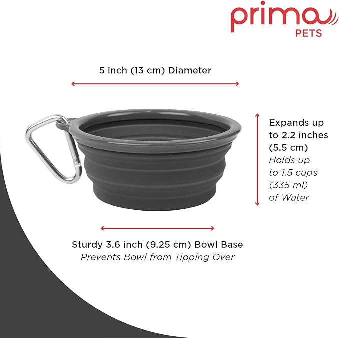 Prima Pet Collapsible Silicone Water Travel Bowl with Clip for Dog and Cat, Portable and Durable Pop-up Feeder for Convenient On-The-go Feeding - Size: Small (1.5 Cups) Grey -2 Pack