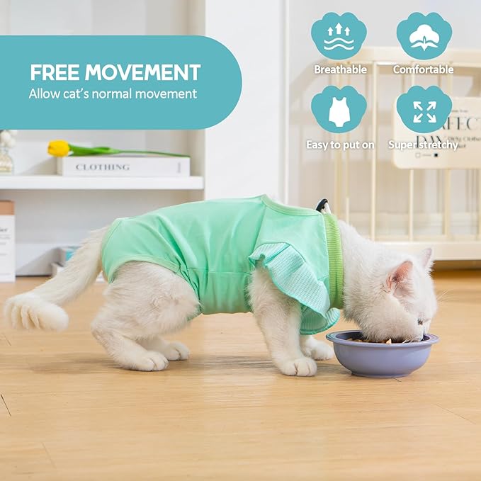 Avont Cat Recovery Suit - Post-Surgery Onesie for Cats, Alternative to Cone of Shame, Protective Spay Suit for Female Kitten, Ideal for Healing and Skin Conditions -Mintgreen(S)