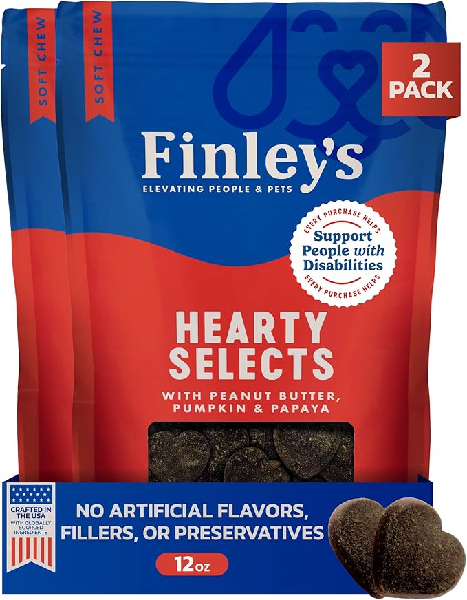 Finley's Peanut Butter & Pumpkin Hearty Bites, Plant Based Dog Treats, Nutrient Packed, Papaya & Flax Seed, Vegan 12oz, 2 Pack