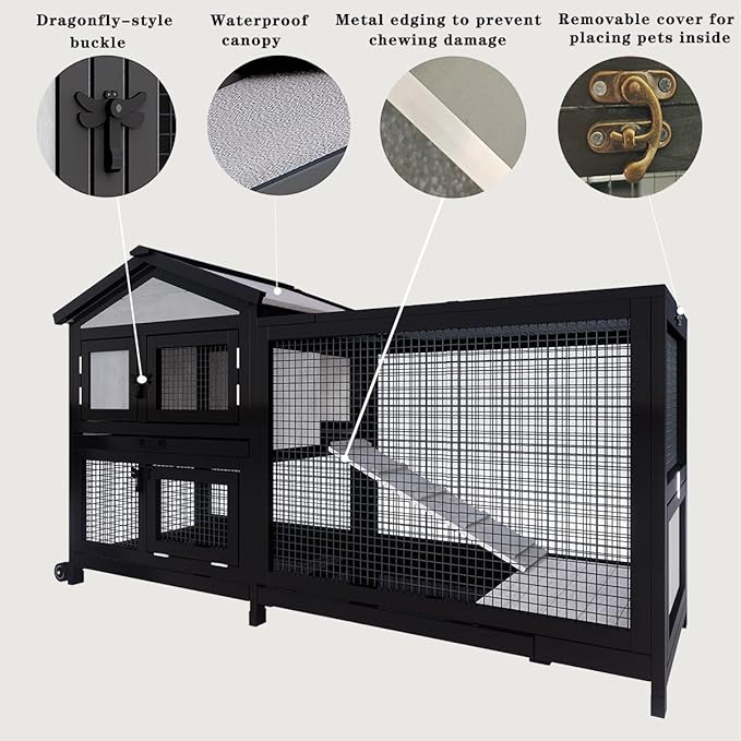 Rabbit Hutch 58" Rabbit Cage Outdoor&Indoor 2-Story Chicken Coop Guinea Pig Cage on Wheels Bunny Cage with 3 Deep No Leakage Pull Out Tray,Waterproof Roof (Black)