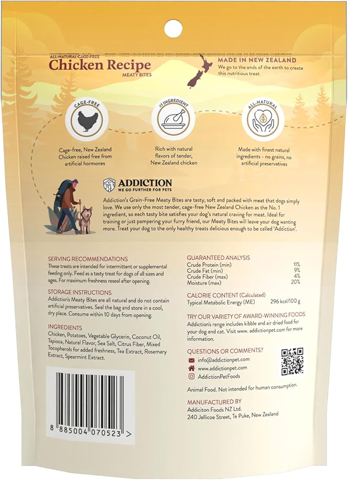 Addiction Meaty Bites Chicken Recipe - Dog Treats - Crafted in New Zealand - High Meat Content - Grain and Gluten-Free - Soft and Allergy Friendly Dog Treats - 4 Ounces