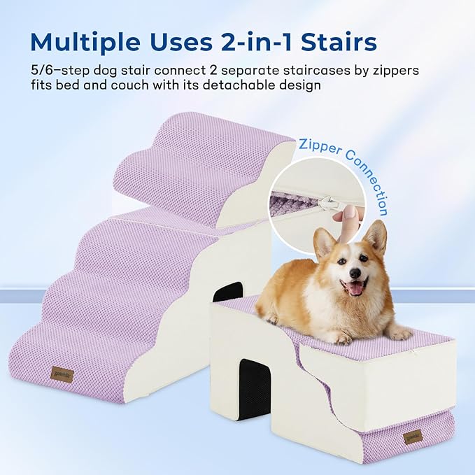 ZOMISIA Dog Ramp for Large Dogs - 24" H 5 Steps Pet Stairs for High Bed with Tunnel 2 in 1 with Zippers Suitable, Indoor Cat Ladders with Non-Slip Bottom, Beige