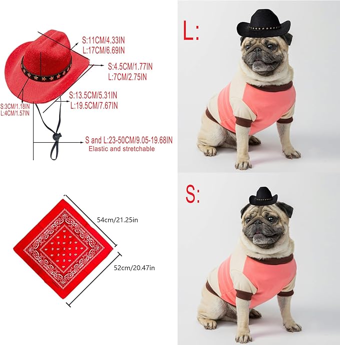 Dog Cowboy Hat Cat Cowboy Hat Mini Cowboy Hat for Dogs Cat Pet Cowboy Costume with Bandana Scarf Holiday Halloween Pet Party Decoration (red, Small)