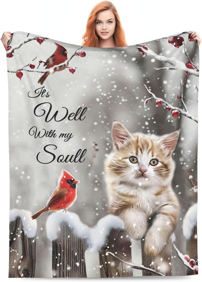 Cardinal Cat Blanket Christmas Decor Throw Blankets Cozy Fleece Flannel Soft Warm Plush Lightweight Bedding Blanket Cat Gifts for Women Cats Lover Men Adults Girls Boys for Couch Sofa Bed 60"X80"
