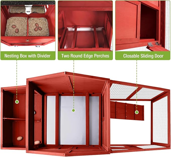 GUTINNEEN Mobile Chicken Coop for 2-4 Chickens with Wheels, Expandable Large Hen House with Run, UV-Protected Roof, Divided Nesting Boxes, Easy One-Person Move, Red