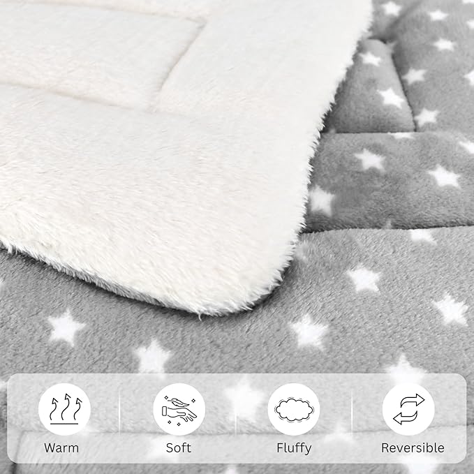 4 Pack Cat Bed Mat, 22" x 15" Soft Fluffy Flannel Small Pet Blanket, Washable Sleeping Pad for Indoor Cats, Kittens, Puppies, Star Print - Grey