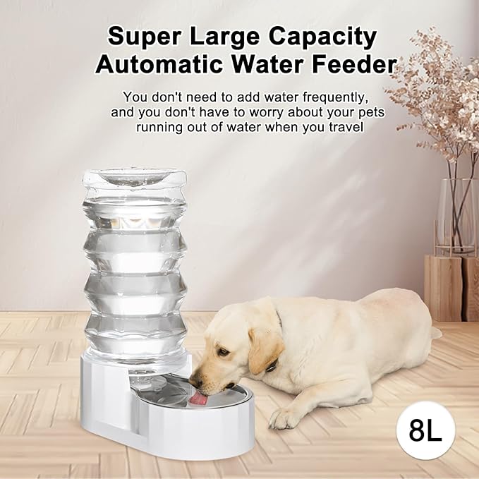 RIZZARI Gravity Dog Water Dispenser: Ion Exchange System with Activated Carbon-Helps Prevent Urinary Stones-8L Large Auto-Refill Stainless Steel Pet Waterer for Busy Owners-Living Room-Backyard