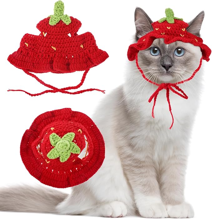 Strawberry Cat Hat, Handmade Knit Cute Soft Dog Cat Hat Halloween Christmas Party Costume Head Wear Accessories for Cats Birthday Puppy Hats for Kitten Small Pets (Red, M)