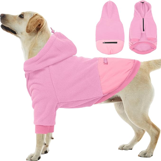 Nanaki Dog Hoodies for Large Dogs Sweatshirt with Pocket-Warm Fleece, Long Sleeves Adjustable Zip Collar-Comfort Pet Sweater for Labrador, Large Sweatshirt Winter Coat for Fall Winter Spring Pink 2XL