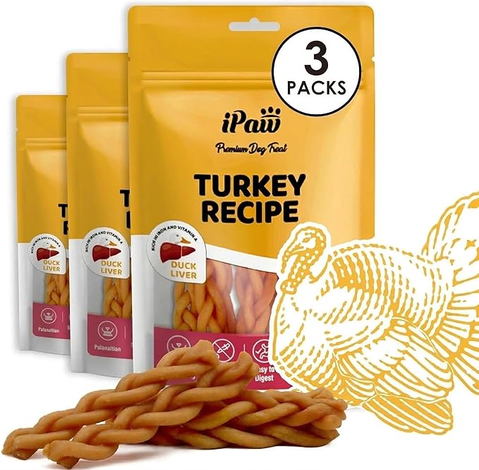 iPaw 3 Value Combo Turkey Dog Treats, All Natural Human Grade Dog Treat, Suitable for Training chew, Hypoallergenic, Rawhide Alternative, Braided Stick (Duck Liver), 3 Packs