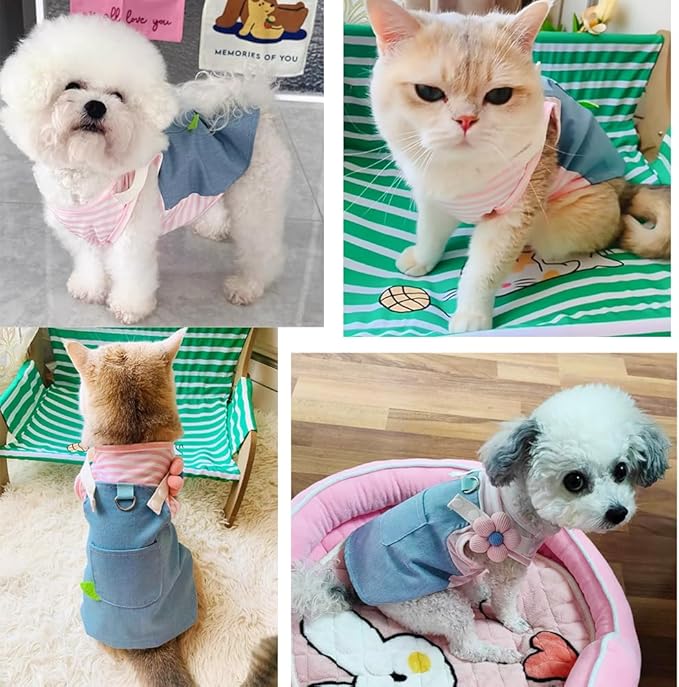 ANIAC Denim Small Puppy Dress 3D Flowers Girl Dog Clothes with D-Ring and Pocket Striped Female Cat Harness Dresses Shih Tzu Yorkies Chihuahua Outfits Summer Pet Clothing (Large, 3D Pink Flowers)