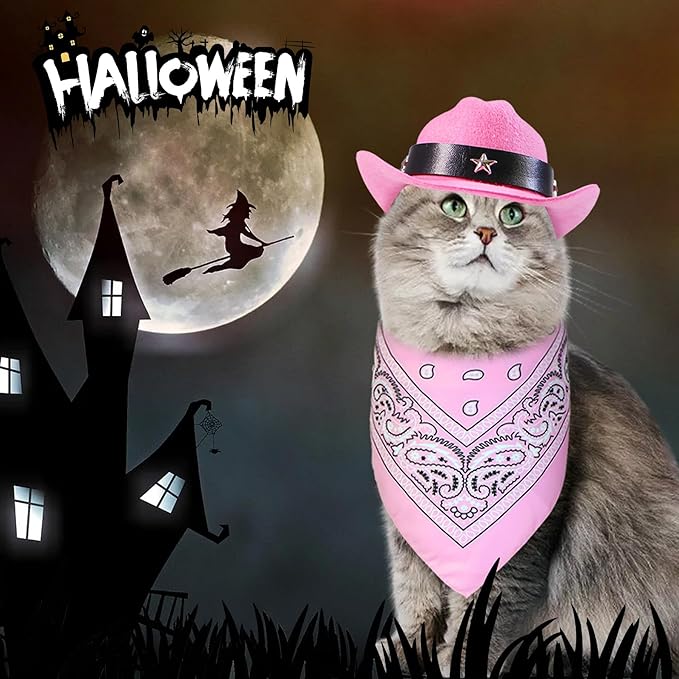 GOYOSWA Cat Cowboy Costume, Cat Halloween Costumes Funny Pet Cowboy Hat and Bandana Set for Cats Kittens Pets (Pink)