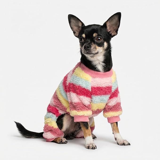 Fitwarm Fuzzy Striped Dog Fleece Pajamas, Warm Winter Clothes for Small Dogs Girl, Cozy Pet Outfit with Feet, Pink, Red, Yellow, XL