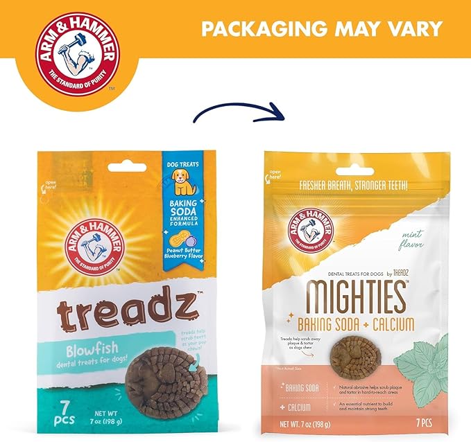 Arm & Hammer for Pets Mighties by TREADZ, Dental Treats for Dogs with Baking Soda & Calcium, Help Fight Bad Breath, Plaque & Tartar, Mint, Tough Puffer Shaped, 7 Pcs - 2 Pack