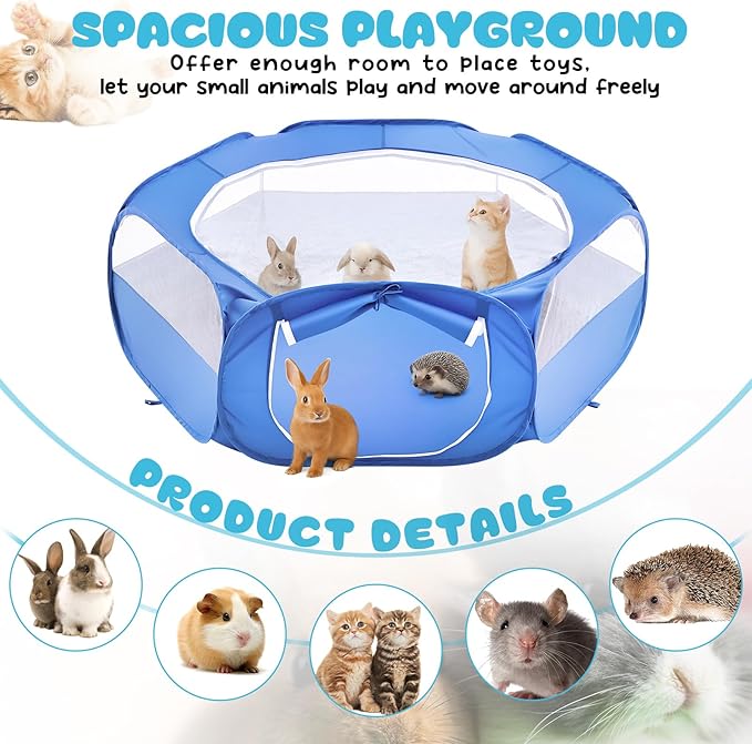 Small Animal Playpen & Grooming Kit, Portable Foldable Pet Playpen with Mesh Top for Rabbits, Guinea Pigs, Hamsters, Hedgehogs, Includes Feeding Bowls, Grooming Tools, and Bedding Mat, Blue
