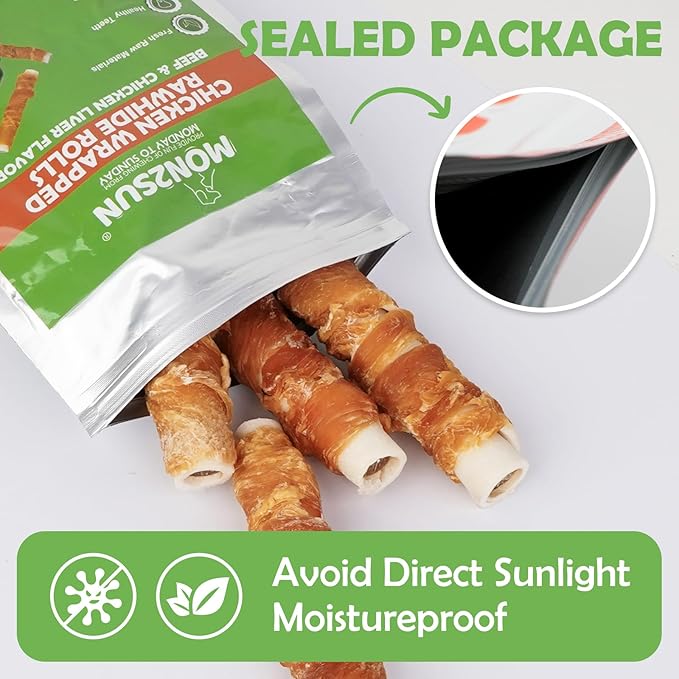 MON2SUN Dog Treats 5 Inch Chicken Wrapped Stuffed Rawhide Rolls with Beef and Chicken Liver, Rawhide Chews for Small and Medium Dogs, 10.6 oz (6 Count)