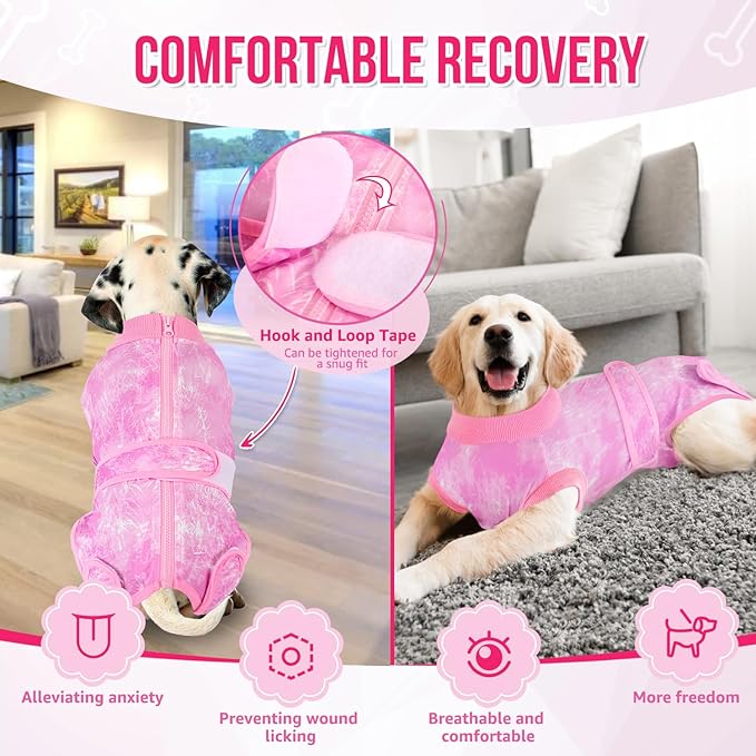 SlowTon Dog Surgery Recovery Suit - Zipper On Dog Onesies After Surgery for Female Male Dogs, Abdominal Wounds Bandages Cone/E-Collar Alternative Dogs Surgical Body Suit (Pink-Tie Dye,L)