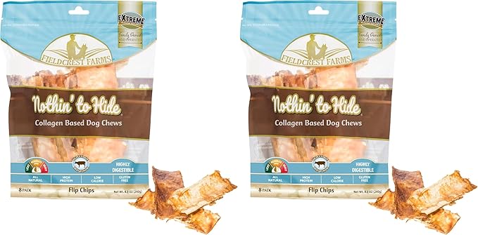 Fieldcrest Farms Nothin to Hide Flip Chips Dog Chews - Natural Rawhide Alternative Treats for Dogs, Collagen Based Snack for Moderate Chewers Up to 35lbs, Beef Flavor (Pack of 2)