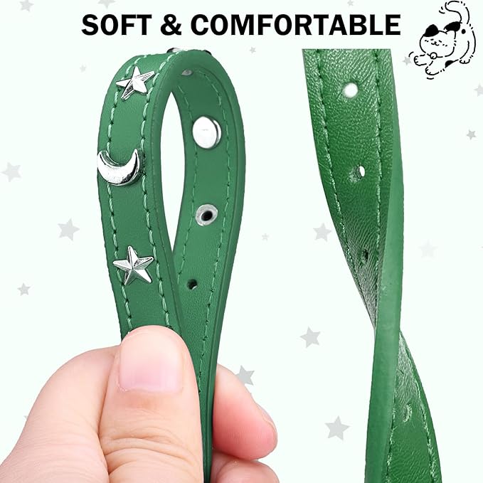 Leather Cat Collars for Boy Girl Cats with Bell and Safety Elastic Belt, Personalized Star and Moon Stud Adjustable Safe Buckle Collar for Kitty Small Big Cats Size 7-9 Inch, Green