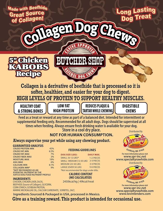 Butcher Shop Collagen Dog Chews 5" Chicken Kabobs Dog Treats (2 Pack - 7.10 oz per Pack)