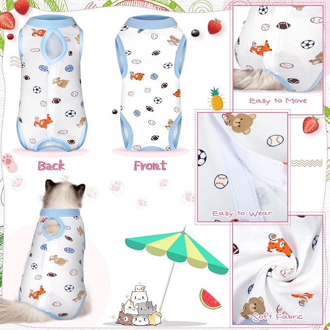 Nuanchu 3 Pieces Cat Recovery Suit Kitten Recovery Suit E-Collar Alternative for Cats and Dogs Abdominal Skin Anti Licking Pajama Clothes Sets(Small,Strawberry Style,Colorful)