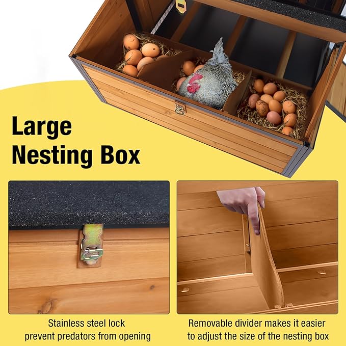 Large Chicken Coop with Upgraded Metal Frame, Wooden Poultry Cage with Outdoor Run, Chicken Tractor with Wheels, Pull Out Trays, Asphalt Roof & Lockable Nesting Box for Chickens Ducks Rabbits