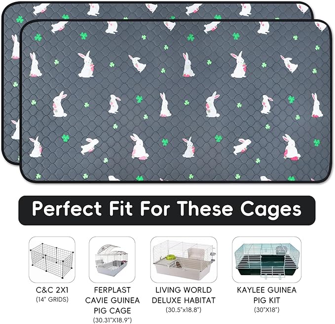 2 Pack Guinea Pig Cage Liners, Washable Guinea Pig Pee Pads Waterproof Reusable & Anti Slip Guinea Pig Bedding Fast and Super Absorbent Pee Pad Tarp Bottom for Small Animals (Rabbit Pattern 24" X 47")