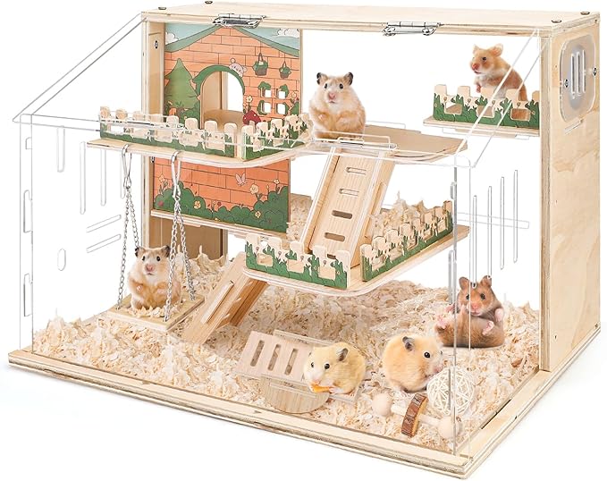 Wooden Hamster Cage Large, 16-Inch 3-Layer Acrylic Hamster Cage, Small Animal Cages with Platform and Playpen for Direct Observation, Pet Supplies