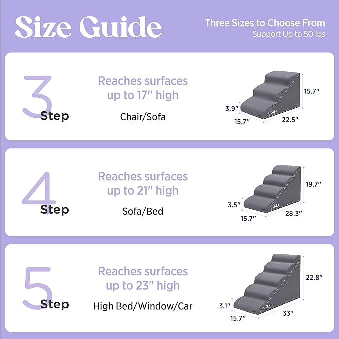 Lesure Dog Stairs for Small Dogs and Cats Pet Steps Ramp for Bed and Couch with CertiPUR-US Certified Foam with Non-Slip Bottom, Grey, 3 Steps