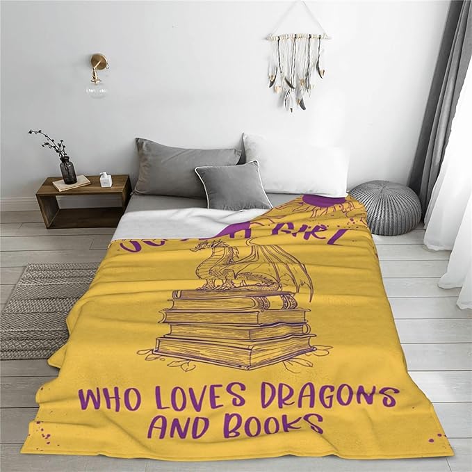 SweetFox Just A Girl Who Loves Dragons and Books Blanket Dragon Decor Throw Blanket Gifts for Girls Boys Lovers Super Warm Soft Plush Fleece Flannel Bedding Blankets for Kids Adults Men Women 50"X40"