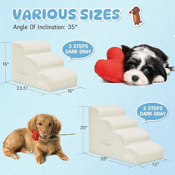 Mesa Lemon Dog Steps for Small Dogs, 3-Step Pet Ramp Stairs for High Beds and Sofa, Non-Slip Pet Stairs for Small Dogs and Cats, Removable and Easy to Clean Cover, Beige
