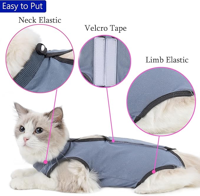 kzrfojy Cat Surgery Recovery Suit Cat Onesie for Cats After Surgery Spay Surgical Abdominal Wound Skin Diseases E-Collar Alternative Wear (Grey-Blue-S)