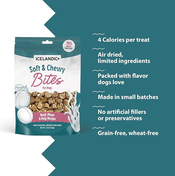 Icelandic+ Soft & Chewy Bites - Beef, Plum & Kelp - 2.8oz Dog Treats, 70% Meat & Fruit, Air-Dried, Limited Ingredients, Pet Snack, Grain Free