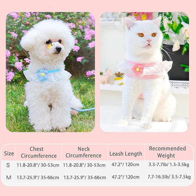 Cat Harness Collar and Leash Set, Sweet Lace Floral Kitten Collar, Escape Proof Puppy Chest Harness, Adjustable Cute Harness Leash Set for Cat Puppy Dog Outdoor Walking (Purple, M)