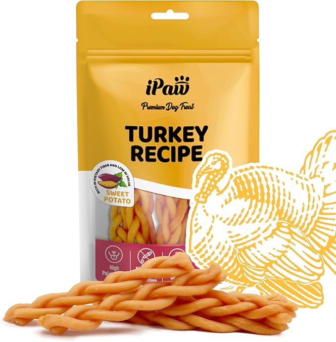 iPaw Turkey Dog Treats, All Natural Human Grade Dog Treat, Suitable for Training chew, Hypoallergenic, Rawhide Alternative,Braided Stick (Sweet Potato)