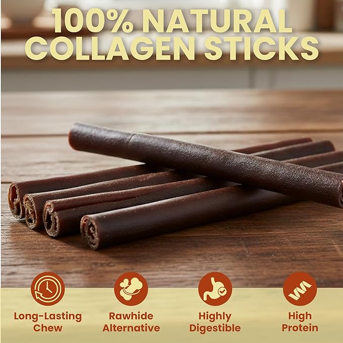 6 Pack 12 Inch Beef Collagen Sticks Chewable for Dogs – Rawhide Alternative Chews, Single Ingredient, Long Lasting Dental Treats, High Protein Natural Dog Chews for Medium to Large Dogs