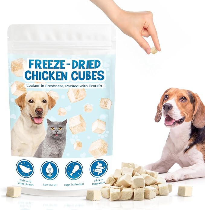 Vila Freeze-Dried Chicken Cubes, Pet Treats for Dogs & Cats, Pure Single Ingredient, High-Protein Snack Bites, Low Fat, No Fillers, Ideal for Training, Rewards and Meal Toppings, 3 oz