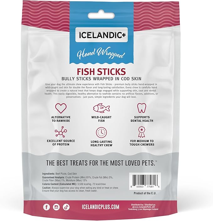 Icelandic+ Fish Sticks - Bully Stick Wrapped in Cod Skin - 5 Pack, 6" - Dog Treats, 2 Ingredient Chews, Hand-Wrapped Wild-Caught Fish, Pet Snacks