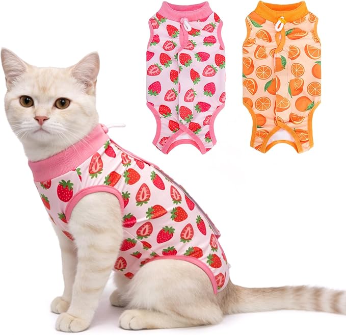 BEAUTYZOO 2 Pack Cat Recovery Suit, Cat Onesie for Cats After Surgery Female Male, Kitten Spay Neuter Surgical Recovery Body Suit Cone of Shame Alternative, Anti Lick Pet Anxiety Vest,Strawberry,XS