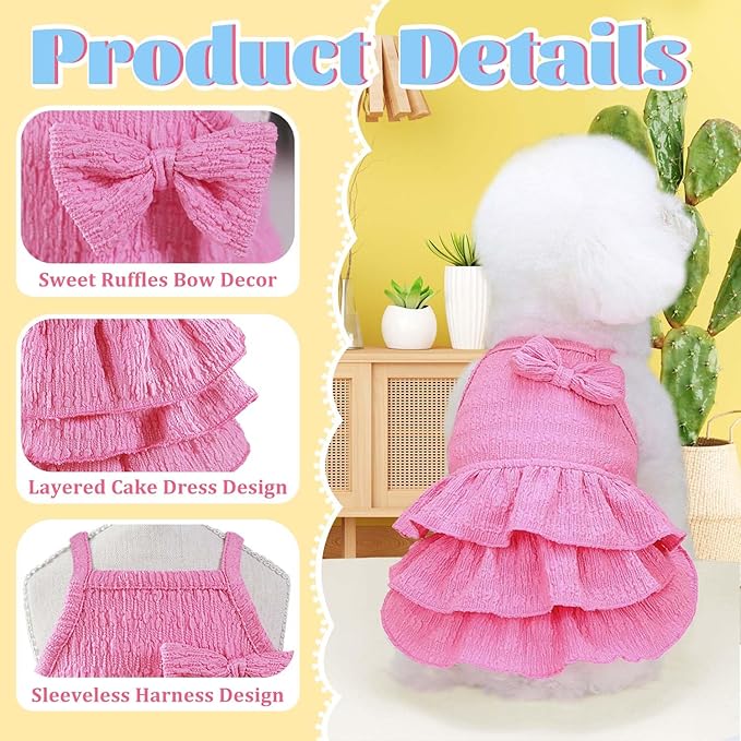2 Pieces Dog Dress for Small Dogs Girl,Puppy Sleeveless Clothes Pet Pullover Vest Skirt,Cute Bow Tiered Cake Dress Pet Dog Shirt Breathable Outfits for Small Dogs Puppy Cats Girl Apparel
