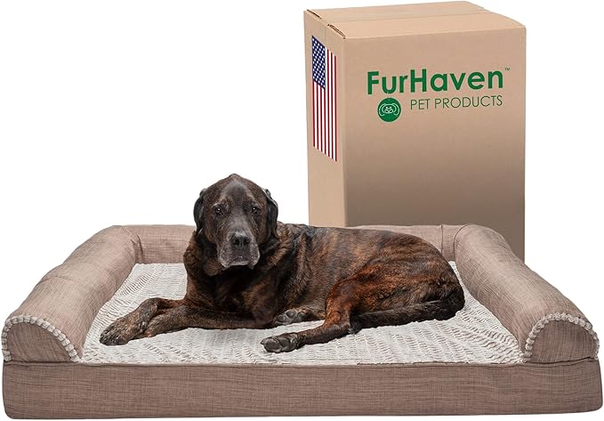 Furhaven Memory Foam Dog Bed for Large Dogs w/ Removable Bolsters & Washable Cover, For Dogs Up to 125 lbs - Luxe Faux Fur & Performance Linen Sofa - Woodsmoke, Jumbo Plus/XXL