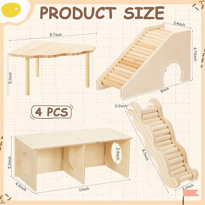 BreezeHug 4 Pcs Hamster Platform Hideout Wooden Tunnel Ladder Playhouse Hamster Game Climbing Toy with Platform Cage Accessories for Small Pets Dwarf Syrian Mice Degus Gerbils Squirrel(Peek)
