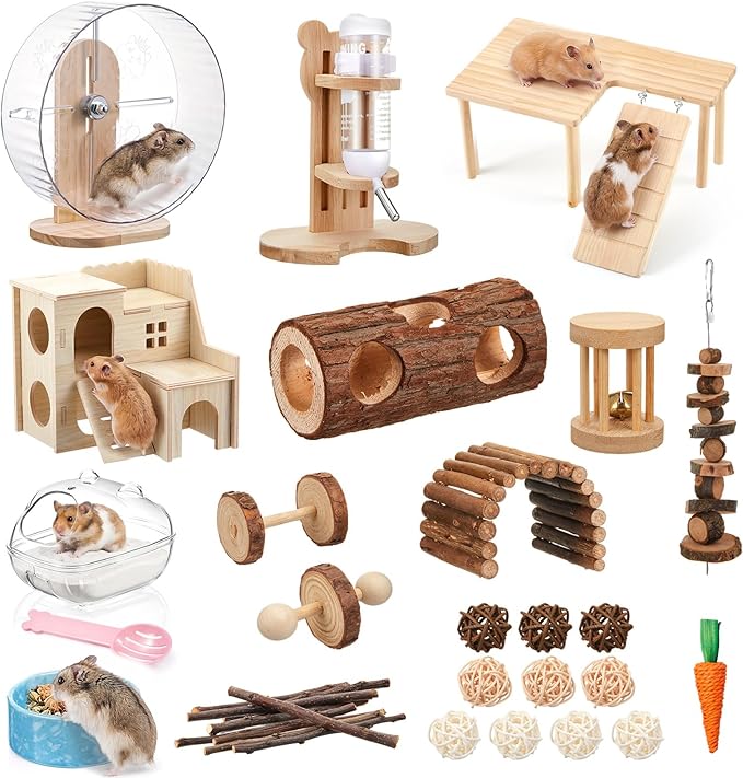 40 Pcs Hamster Cage Accessories, 9.5'' Exercise Wheel, Wood Platform Hideout House, Water Bottle, Sand Bath, Bowl, Chew Toy for Syrian Hamsters Mice Gerbils Habitat Decor (Natural Style)