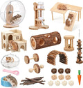 40 Pcs Hamster Cage Accessories, 9.5'' Exercise Wheel, Wood Platform Hideout House, Water Bottle, Sand Bath, Bowl, Chew Toy for Syrian Hamsters Mice Gerbils Habitat Decor (Natural Style)