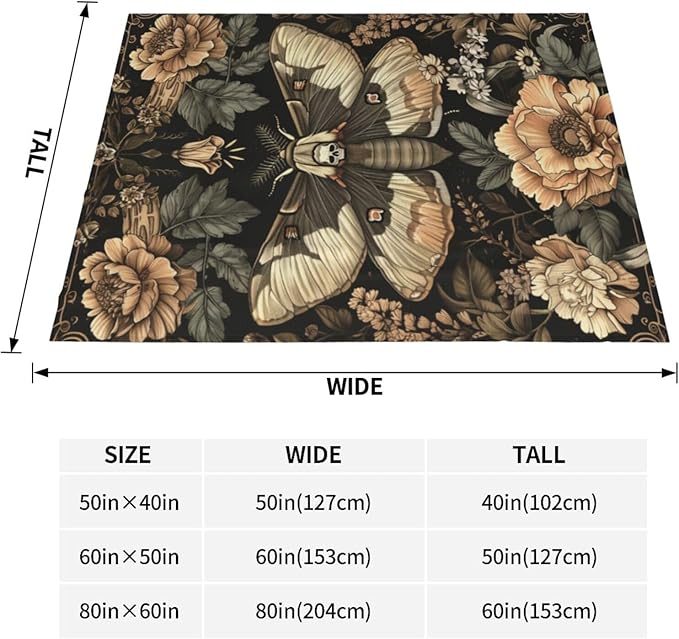 Moth Skull Blanket Gifts for Women Men Adults Gothic Lovers, Goth Plush Fleece Throw Blankets, Cozy Soft Warm Bedding Decor for Sofa Living Room Travel 40"x50"