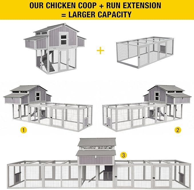 Large Chicken Coop, Wooden Chicken Coops with Nesting Boxes and Removable Tray, Waterproof Hen House with Asphalt Roof, Poultry Cage for Outdoor Backyard, Unique Folding Design