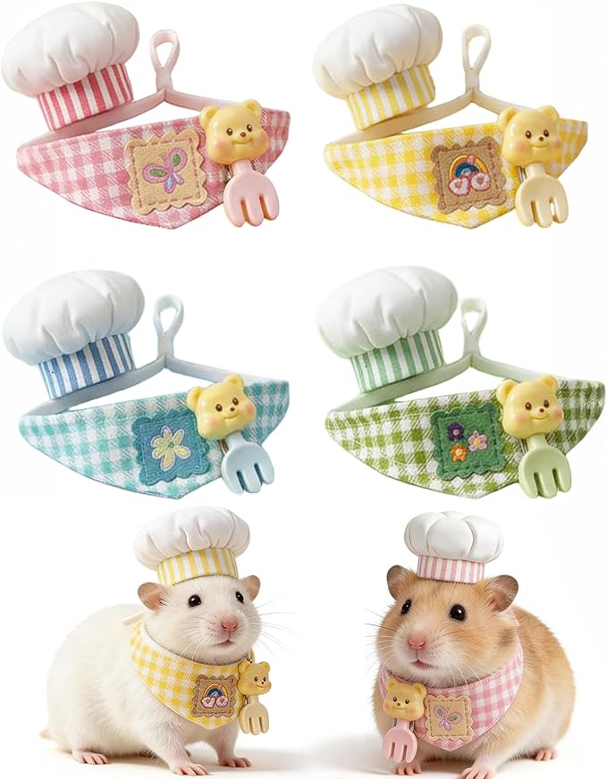 4 Pcs Hamster Chef Hat and Bib Set - Cute Small Animal Chef Costume Accessories for Hamsters Guinea Pigs, Mini Pet Chef Hats with Gingham Bibs for Dress Up & Photo Props