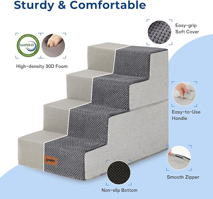 ZOMISIA Dog Stairs for Small Dogs - Pet Stairs 2 in 1 with Zippers Suitable for Couch and Bed, 35D Foam Dog Steps with Non Slip Bottom Grey 4 Steps, Grey