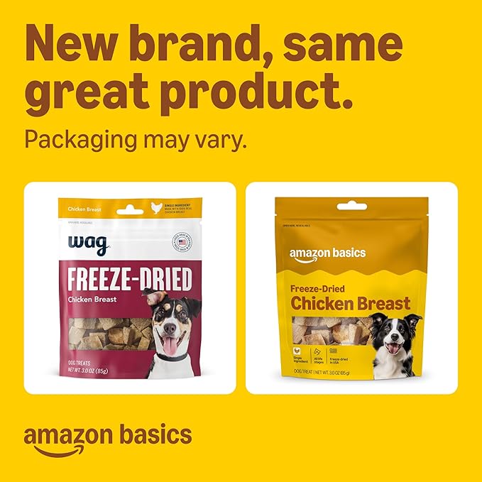 Amazon Basics Dog Treats Freeze Dried Raw Single Ingredient Chicken Breast, High Protein, Healthy Training Treats or Meal Topper for All Dogs, Grain-Free, 3 Oz (Pack of 2) (Previously Wag)