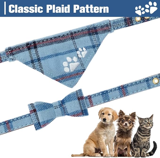 EXPAWLORER Puppy Collar and Leash Set - Embroidery Pawprints Plaid Dog Collar and Dog Leash Set, Bow Tie and Bandana Dog Collar with Bell, Cute Collar and Leash for Dogs Cats Outdoor Walking, Blue S